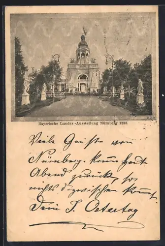 AK Nürnberg, Bayerische Landes-Ausstellung 1896, Ausstellungspalast mit Skulpturen