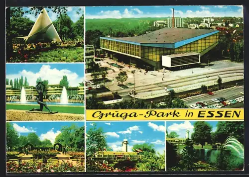 AK Essen, Gruga-Park, Anlagen, Gruga-Halle aus der Vogelschau, Konzertbühne