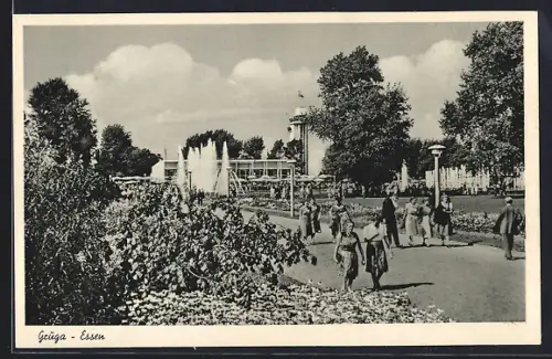 AK Essen, Gruga-Park, Promenadenpartie mit Gebäude u. Turm