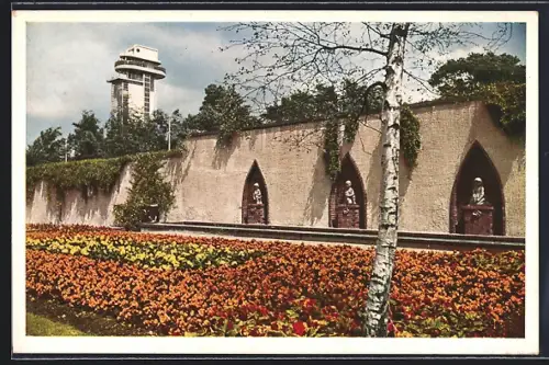 AK Essen, Grugapark, Begoniengarten mit Skulpturenmauer u. Turm