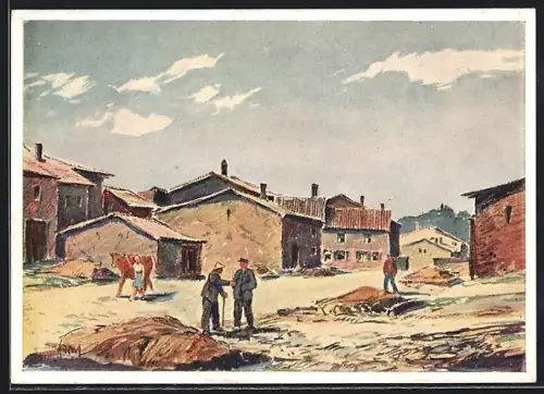 Künstler-AK Ittersdorf, Ortsansicht, Häuser, Menschen
