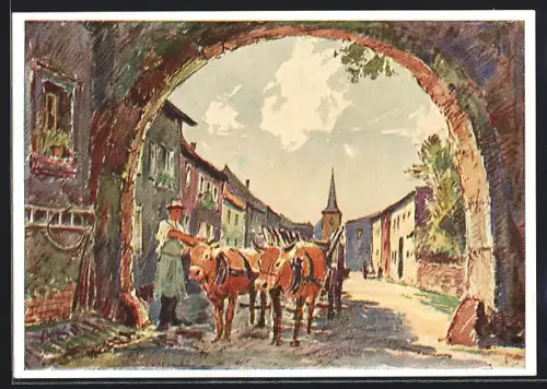Künstler-AK Berus bei Saarlautern, Torbogen, Dorfstrasse, Kirche