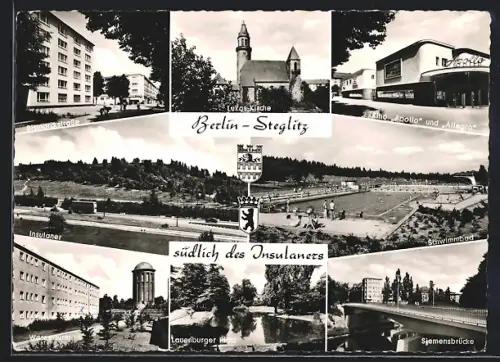 AK Berlin-Steglitz, Insulaner, Schwimmbad, Lukas-Kirche, Kino Apollo u. Allegro