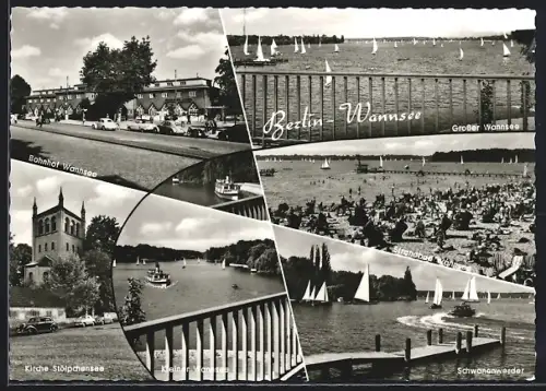 AK Berlin-Wannsee, Grosser Wannsee, Bahnhof Wannsee, Strandbad, Kirche Stölpchensee