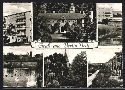 AK Berlin-Britz, Schloss Britz, Teich, Kirche, Wohnhäuser