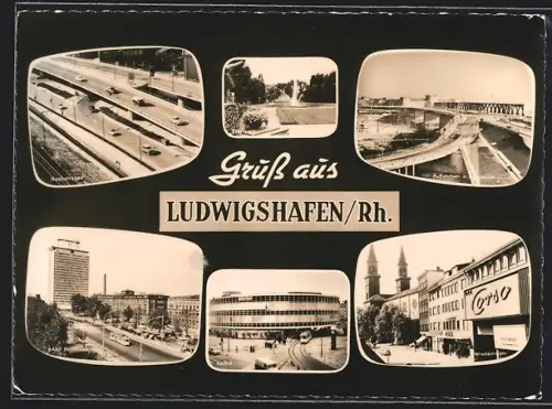 AK Ludwigshafen /Rh., Hochstrasse, Rathaus, Hafenbrücke, Stadthalle, Strassenansichten
