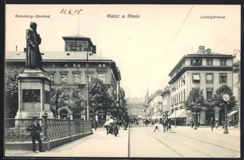 AK Mainz a. Rhein, Gutenberg-Denkmal, Ludwigstrasse