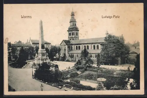 AK Worms, Ludwigs-Platz, Obelisk, Kirche