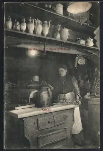 AK Nürnberg, Gasthaus Bratwurstglöcklein, Wirtin in der Küche
