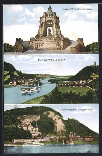 AK Porta Westfalica, Kaiser-Wilhelm-Denkmal, Jacobsberg mit Hängebrücke