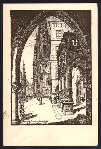 Künstler-AK Münster i. W., Prinzipalmarkt mit Stadtweinhaus und Lambertikirche