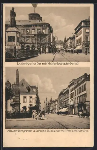 AK Mainz, Ludwigstrasse mit Gutenbergdenkmal, Grosse Bleiche m. Neuer Brunnen u. Peterskirche