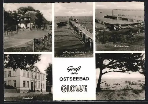 AK Glowe / Rügen, Am Fischerhafen, Strand Hotel, Strandszene