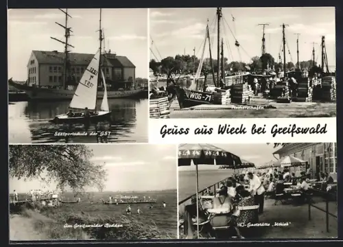 AK Wieck bei Greifswald, Seesportschule der GST, Fischereihafen, HO-Gaststätte Utkiek