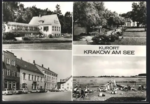 AK Krakow am See, HO-Gaststätte Jörnberg, Promenade, Strand u. HO-Gaststätte Seehotel