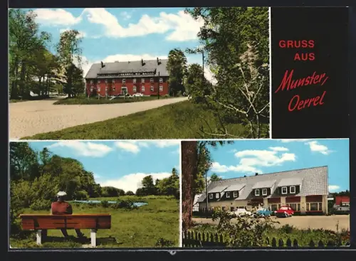 AK Munster /Oerrel, Gebäudeansichten, Teichlandschaft