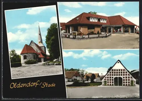 AK Oldendorf /Stade, Geschäftshaus, Fachwerkhäuser, Kirche