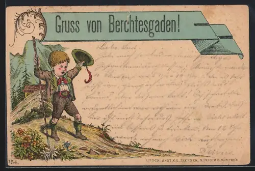 Lithographie Berchtesgaden, Trachtenjunge, Alpenlandschaft, Edelweiss