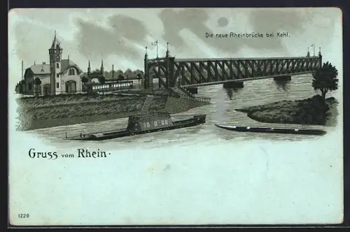 Lithographie Kehl, Rheinbrücke, Schiffe