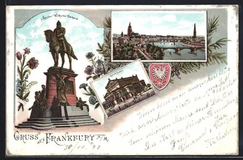 Lithographie Frankfurt a. M., Kaiser-Wilhelm-Denkmal, Opernhaus, Mainpanorama