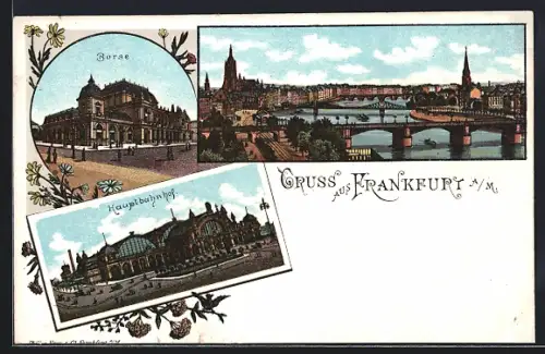 Lithographie Frankfurt a. M., Börse, Hauptbahnhof, Stadtansicht