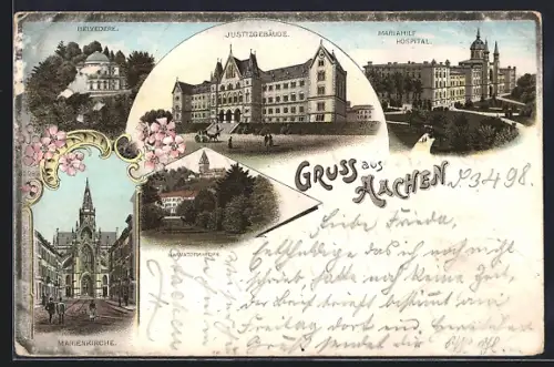 Lithographie Aachen, Justizgebäude, Marienkirche, Mariahilf-Hospital, Belvedere, Salvatorberg