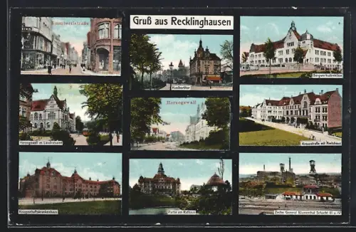 AK Recklinghausen, Kunibertistrasse, Herzogswall, Bergwerksdirektion