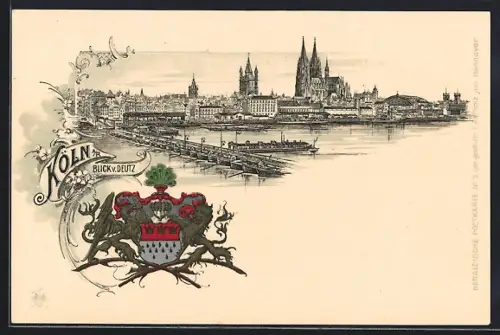 Lithographie Köln, Blick v. Deutz, Stadtpanorama, Dom, Rheinbrücke, Wappen