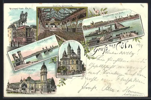 Lithographie Köln, Hauptbahnhof, Eisenbahnbrücke, Dom, Saal im Gürzenich, Schiffsbrücke und Denkmal