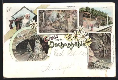 Lithographie Iserlohn, Dechenhöhle, Königshalle, Orgelgrotte, Kristallgrotte, Bahnhof