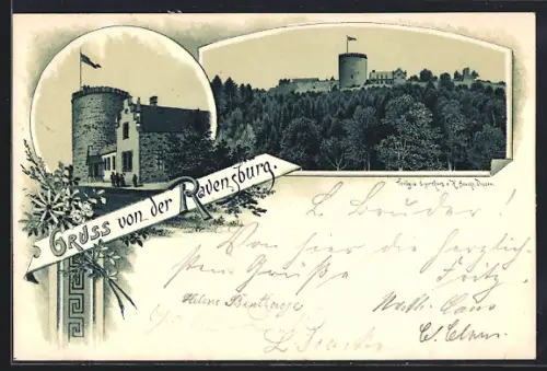 Lithographie Borgholzhausen, Ravensburg, Burgturm, Gesamtansicht