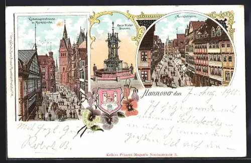 Lithographie Hannover, Koebelingerstrasse, Oscar-Winter-Brunnen, Marktstrasse