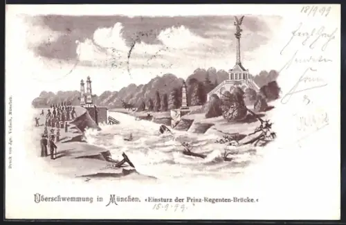 Lithographie München, Überschwemmung, Einsturz der Prinz-Regenten-Brücke