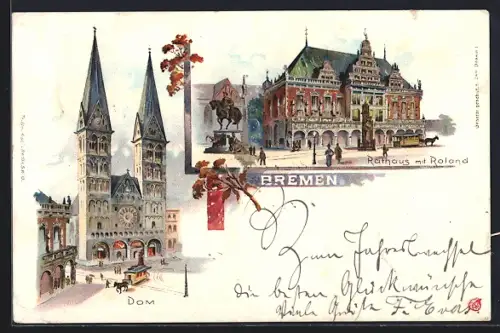 Lithographie Bremen, Dom, Rathaus mit Roland