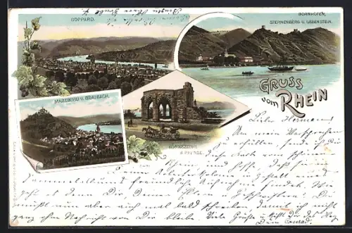 Lithographie Boppard, Rheinansicht, Königsstuhl, Marksburg bei Braubach