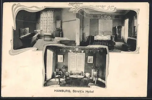 AK Hamburg-Neustadt, Streit`s Hotel, Appartement, Salon, Schlafzimmer, Badezimmer
