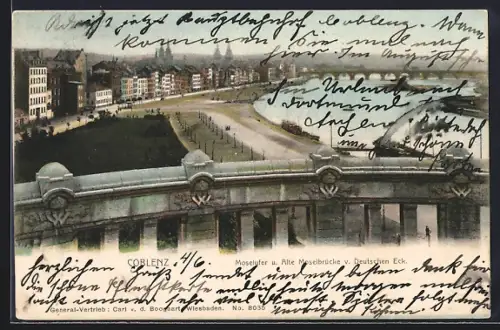 AK Coblenz, Moselufer, Alte Moselbrücke, Deutsches Eck