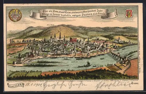 Lithographie Trier, Gesamtansicht, Mosel, Alte Brücke, Kirchen