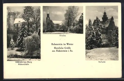 AK Rabenstein i. Sa., Burg, Kirche, Schule im Winter