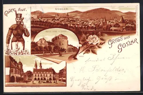 Lithographie Goslar, Markt, Rathaus, Pauls Hotel u. Turm, Gesamtansicht