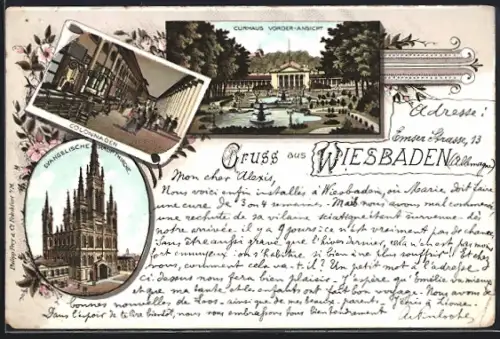 Lithographie Wiesbaden, Kurhaus, Colonnaden, Evangelische Hauptkirche