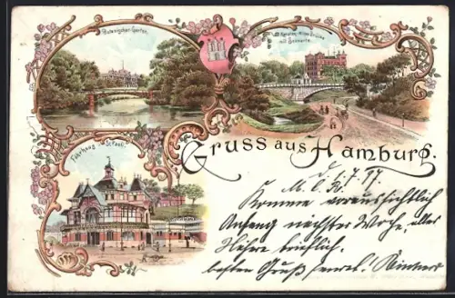 Lithographie Hamburg-St.Pauli, Botanischer Garten, Fährhaus St. Pauli