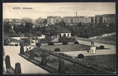 AK Berlin-Wedding, Schillerpark, Gartenanlage, Pavillon, Schillerdenkmal