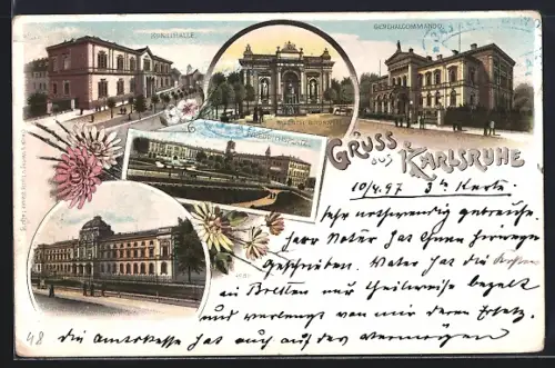 Lithographie Karlsruhe, Kunsthalle, Generalcommando, Friedrichsplatz