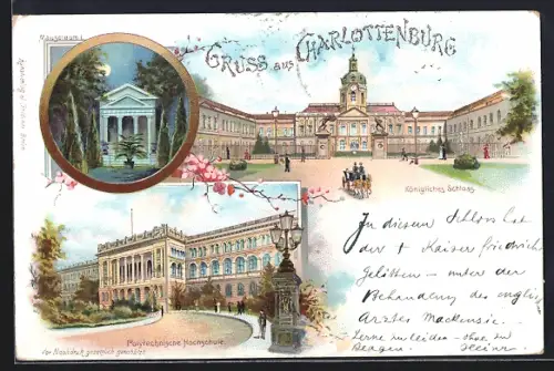 Lithographie Berlin-Charlottenburg, Königliches Schloss, Polytechnische Hochschule, Mausoleum