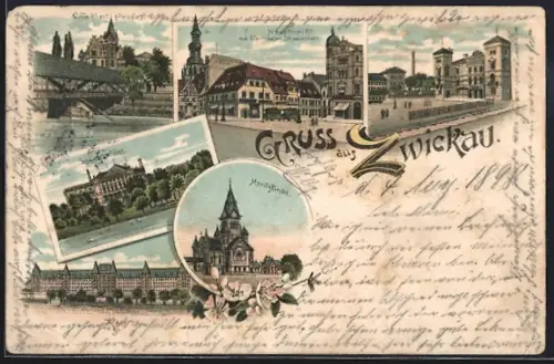 Lithographie Zwickau, Marienkirche, Schloss Osterstein, Bahnhof, verschiedene Ansichten