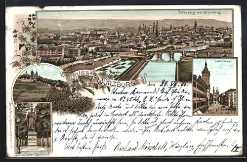 Lithographie Würzburg, Stadtansicht vom Steinberg, Domstrasse, Julius Echter-Denkmal