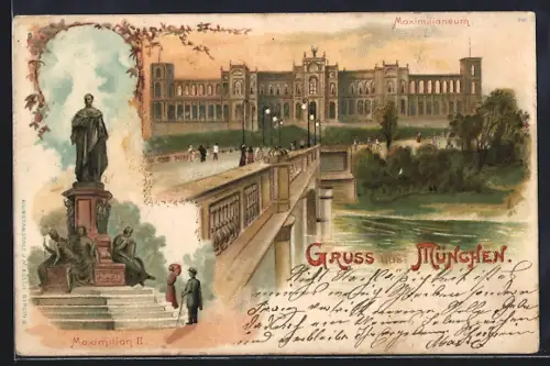 Lithographie München, Maximilianeum, Maximilian II., Brücke