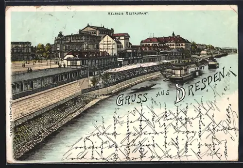 Vorläufer-Lithographie Dresden, 1895, Helbigs Restaurant, Elbufer, Anlegestellen