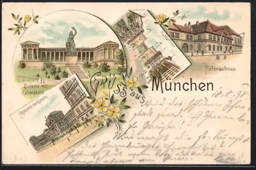 Lithographie München, Bavaria mit Ruhmeshalle, Hofbräuhaus, Karlsthor